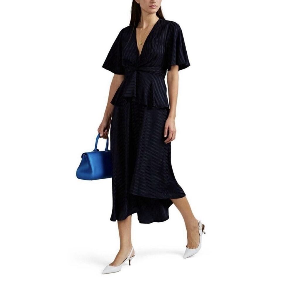 A.L.C. Twist-Front Midi Dress Avi Navy Striped Silk Size 4 Short Sleeve